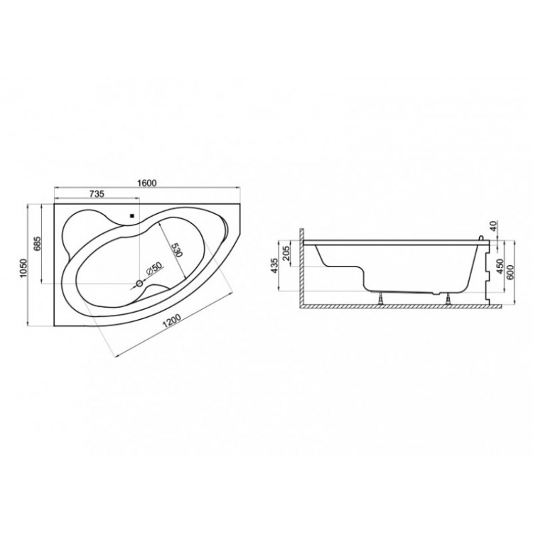 Stūra vanna Polimat MEGA 160x105 cm, 00230/229 Stūra vanna Polimat MEGA 160x105 cm, 00230/229