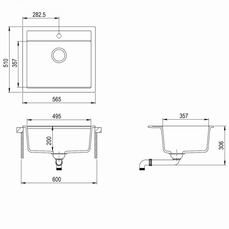 Virtuves izlietne HELIKA QUADRO 565x510 mm, SQQ100W-111