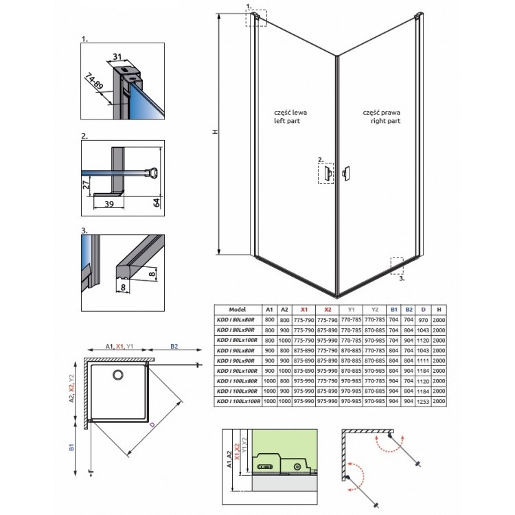 Dušas stūris kvadrātveida Radaway NES Black KDD I 100x100cm