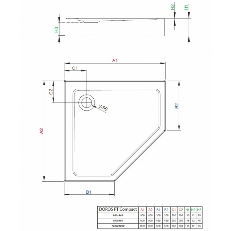 Dušas paliktnis piecstūru Radaway Doros PT Compact 80x80, antracīts akmens