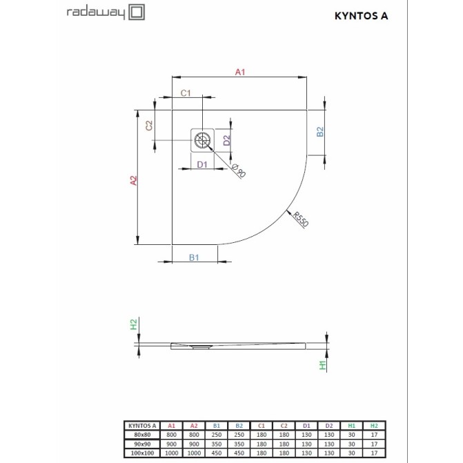Dušas paliktnis pusapaļš Radaway KYNTOS A 100x100cm, antracīts