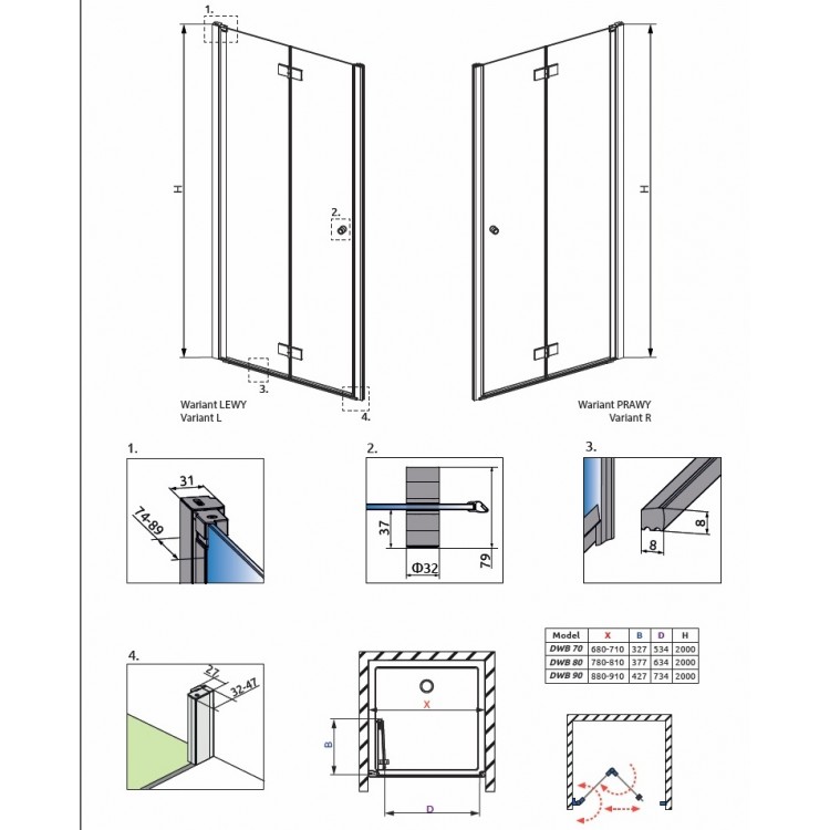 Dušas durvis Radaway NES DWB 90 L/R