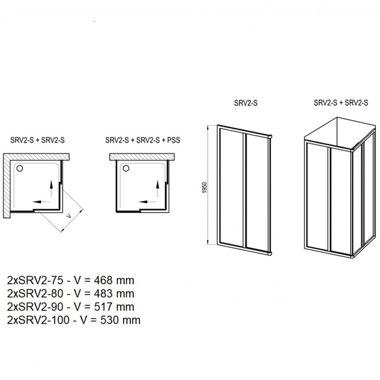 Dušas stūris kvadrātveida RAVAK 2xSRV2S 100x100 cm, satīns/caurspīdīgs