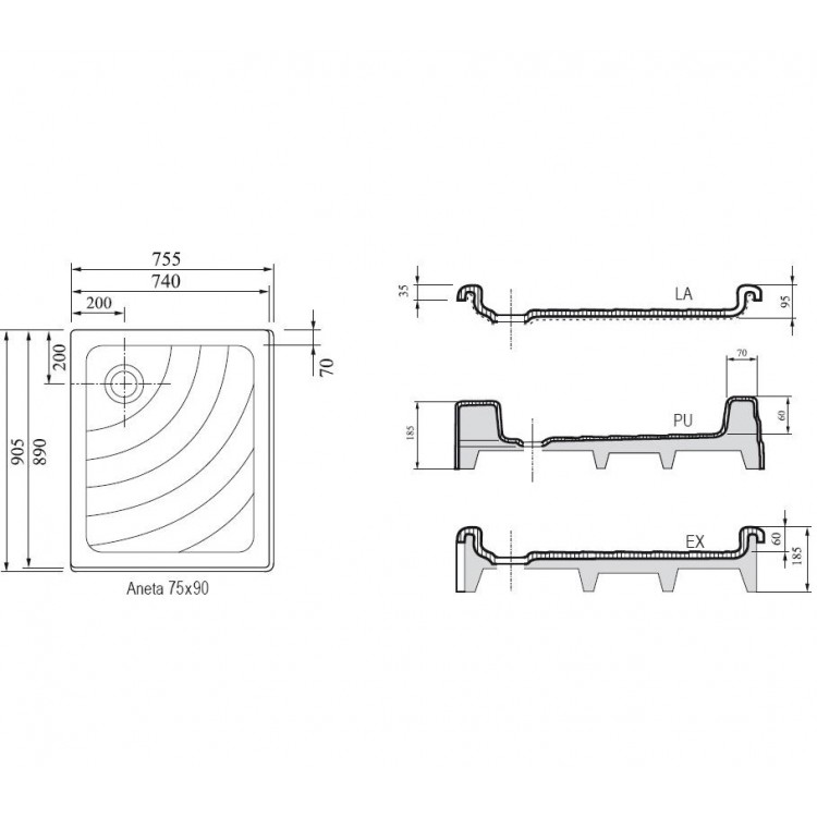 Dušas paliktnis taisnstūra RAVAK ANETA 75x90 PU