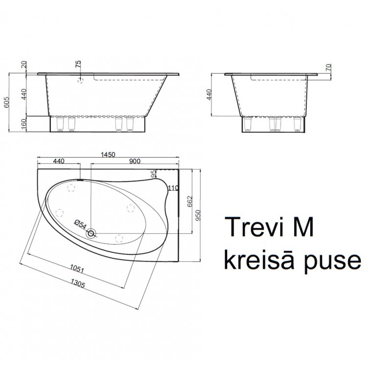 Stūra vanna Vispool TREVI M 145x95 L/K Stūra vanna Vispool TREVI M 145x95 L/K