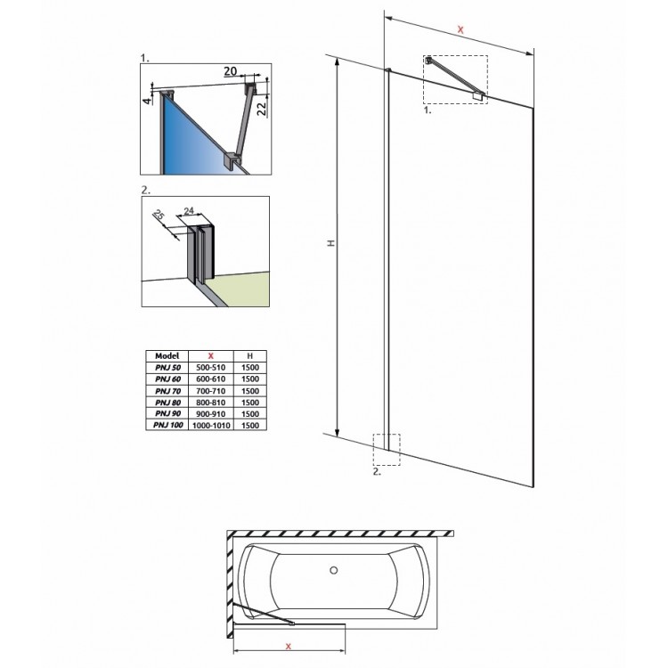 Vannas sieniņa Radaway IDEA PNJ 60 cm