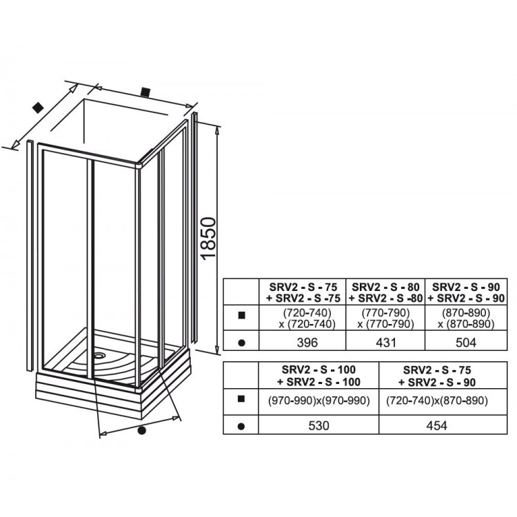 Dušas stūris kvadrātveida RAVAK 2xSRV2S 100x100 cm, melns/caurspīdīgs