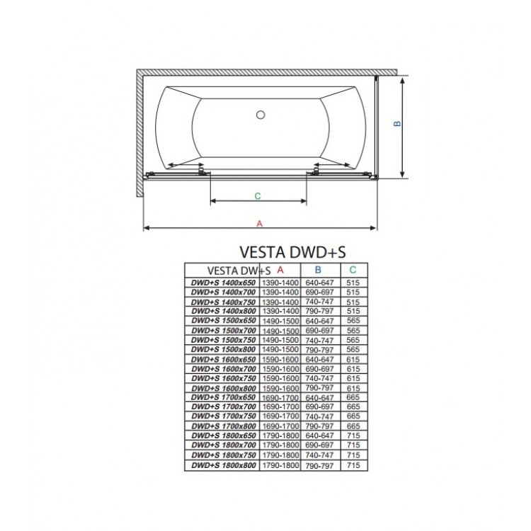 Vannas sieniņa ar bīdāmām durvīm Radaway Vesta DWD+S 160x70cm Vannas sieniņa ar bīdāmām durvīm Radaway Vesta DWD+S 160x70cm
