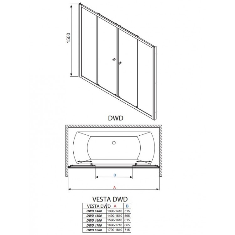 Bīdāmās vannas durvis Radaway Vesta DWD 160 cm Bīdāmās vannas durvis Radaway Vesta DWD 160 cm