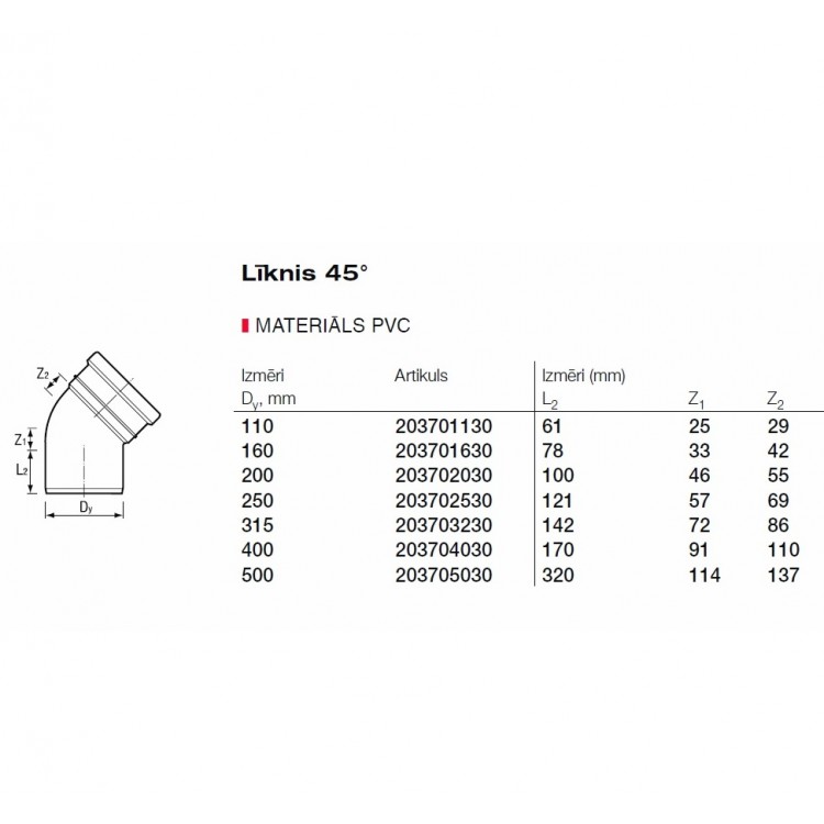 PVC Ārdarbu kanalizācijas līkums DN200 45° PVC Ārdarbu kanalizācijas līkums DN200 45°