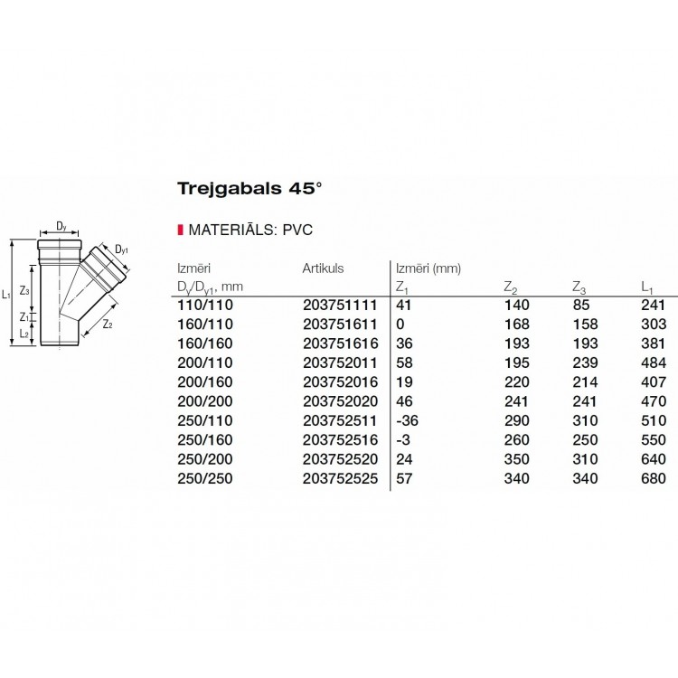 PVC Ārdarbu kanalizācijas atzars Dn160/160 45° PVC Ārdarbu kanalizācijas atzars Dn160/160 45°
