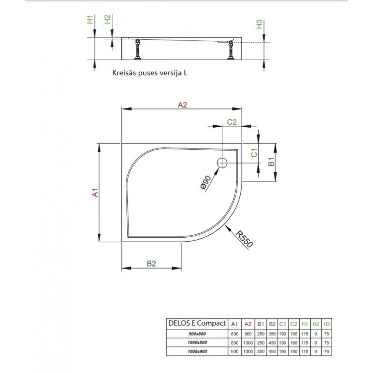 Dušas paliktnis asimetrisks Radaway DELOS E Compact 90x80cm R