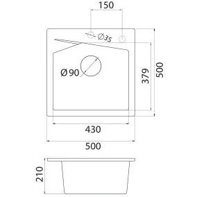 Virtuves izlietne Aqualine Quadro 500x500 mm, 36S2100