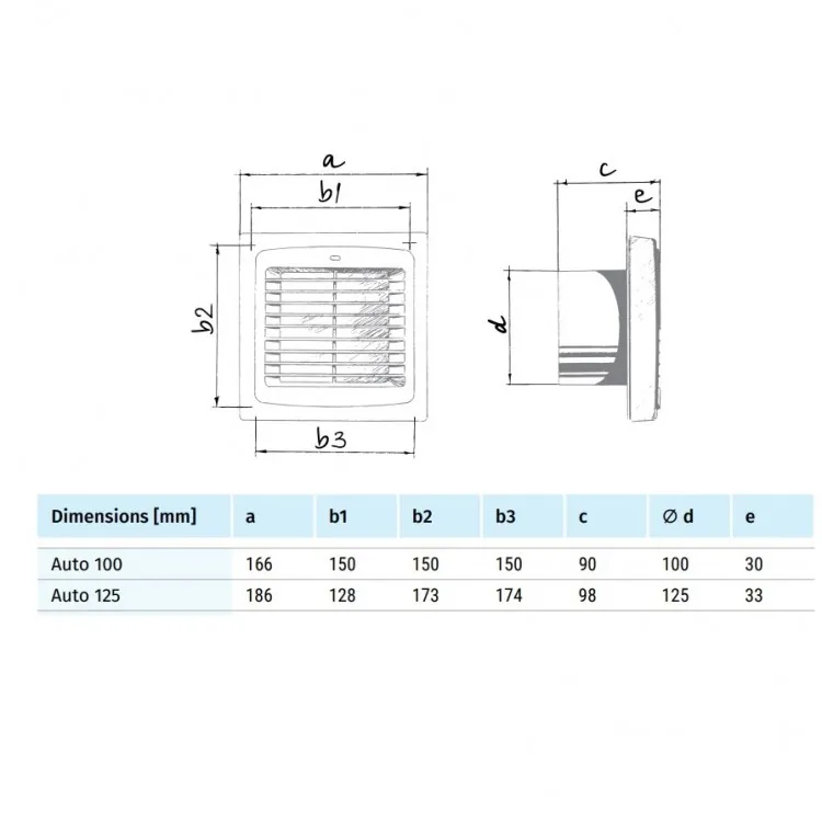 Sadzīves ventilators Blauberg AUTO 100 ar automātiskajām žalūzijām