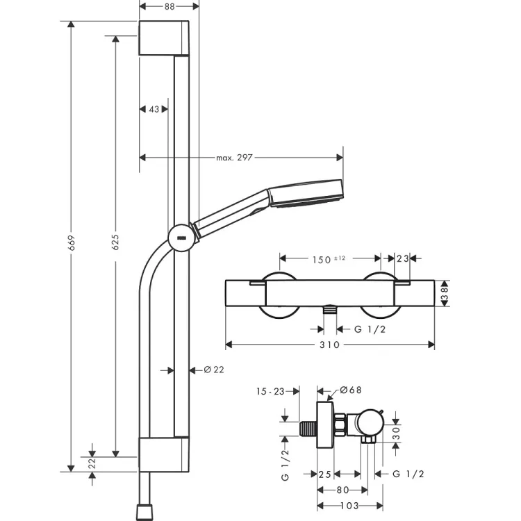 Dušas termostata maisītājs Hansgrohe Ecostat Fine ar Pulsify Select S 105 3jet dušu, 24262000