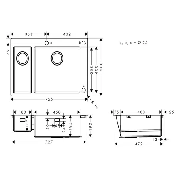 Virtuves izlietne Hansgrohe S711-F655 755x500mm, stainless steel