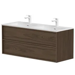 Vannas istabas skapītis ar dubulto izlietni Kame HOME Corian 120x46cm, brūns ozolkoka finierējums
