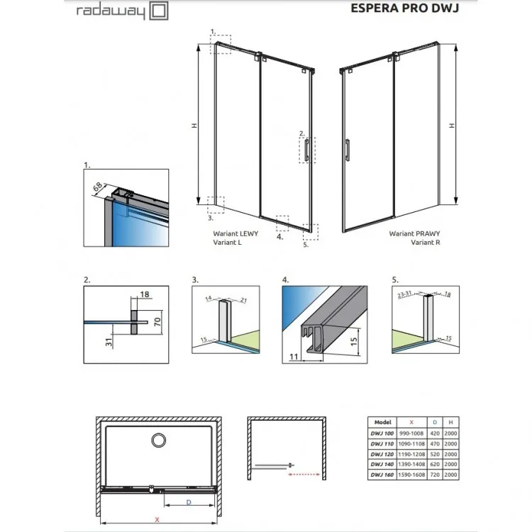Dušas durvis bīdāmās Radaway Soft Close Espera Pro DWJ 100 L
