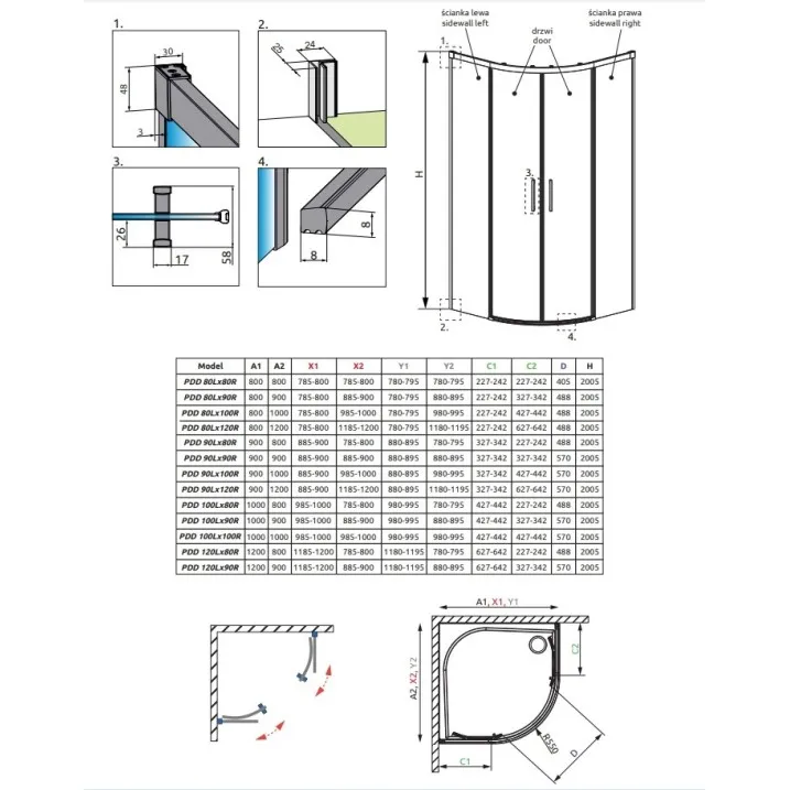 Dušas stūris pusapaļš Radaway IDEA Black PDD 80x80cm