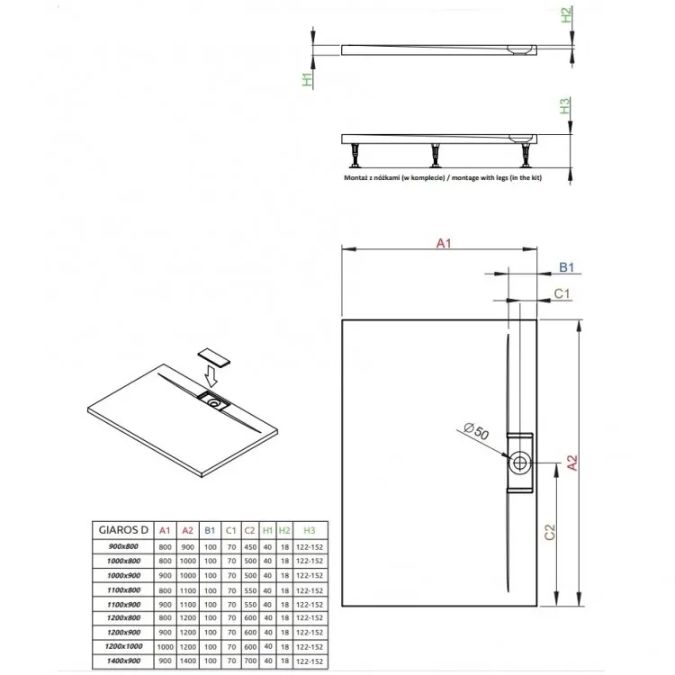 Dušas paliktnis taisnstūra Radaway GIAROS D 100x90, balts
