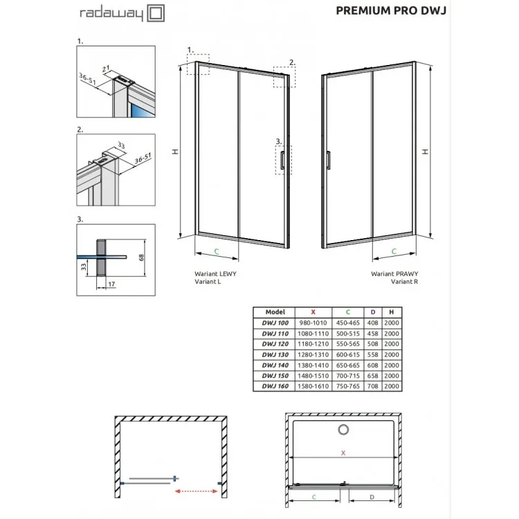 Dušas durvis bīdāmās Radaway Premium Pro Black DWJ 150cm R
