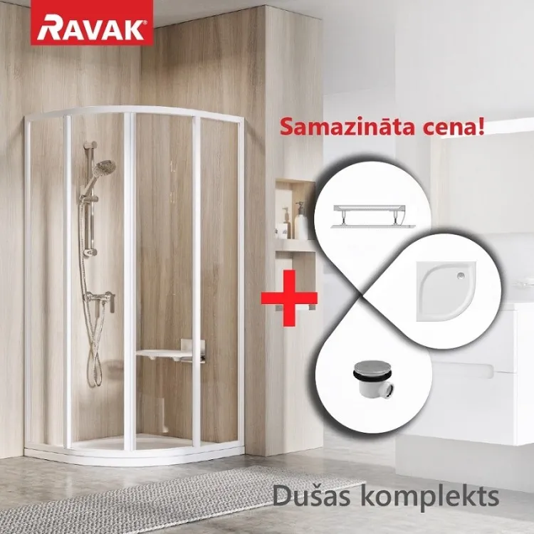 RAVAK Supernova 5-in-1 dušas kabīnes komplekts 90x90 cm ar Elipso Pro paliktni un sifonu
