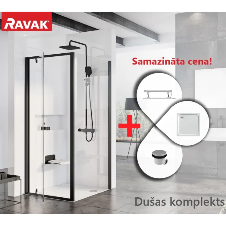 Dušas stūra komplekts kvadrātveida RAVAK Pivot PDOP1+PPS 90x90 cm ar paliktni, melns