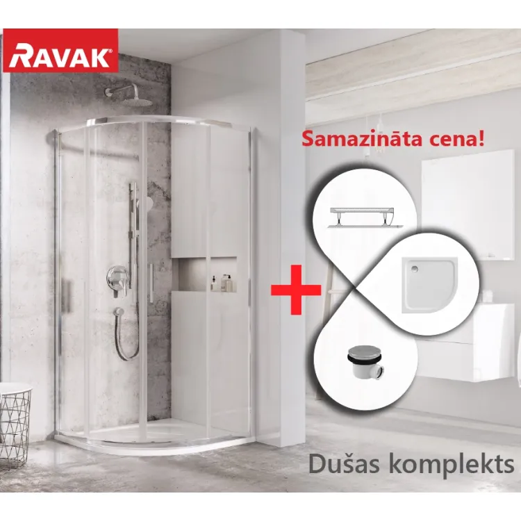 Dušas stūra komplekts pusapaļš RAVAK Blix Slim BLSCP4 80x80cm ar paliktni, spīdīgs