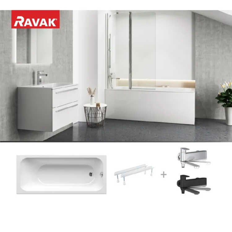 Komplekts Taisnstūra vanna RAVAK CHROME 180x80 cm ar vannas maisītāju CR II 022.00CR, balta