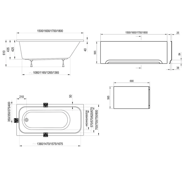 Komplekts Taisnstūra vanna RAVAK CHROME 180x80 cm ar vannas maisītāju CR II 022.00CR, balta