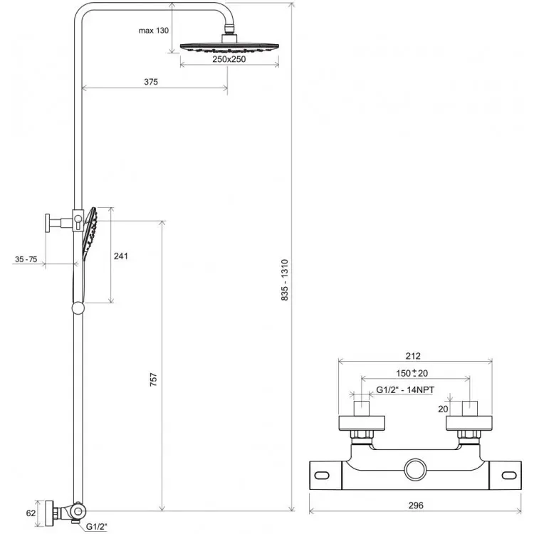 Dušas stūris pusapaļš RAVAK Blix Slim BLSCP4 80x80cm komplektā ar termostata dušas sistēmu TE 093.01CR/WH