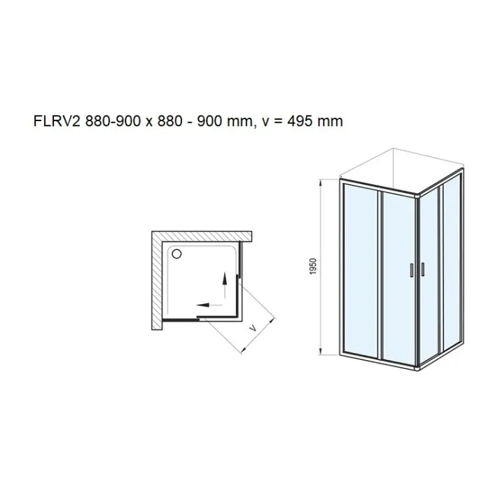 Ravak FLEX FLRV2B2 kvadrātveida dušas stūris 90x90 cm, matēti melni profili, caurspīdīgs stikls