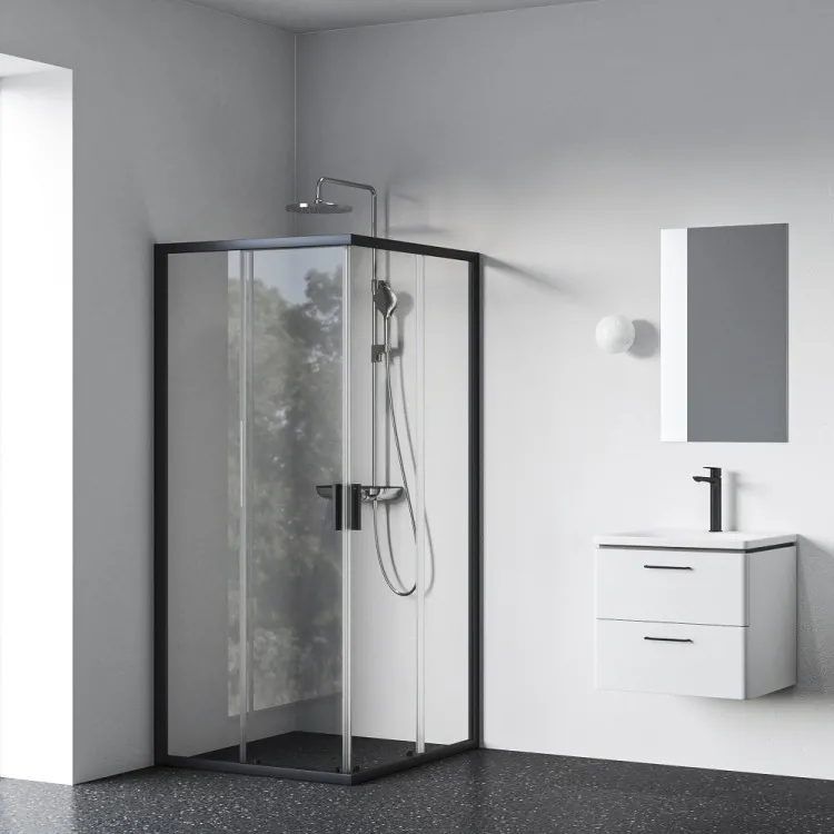 Ravak FLEX FLRV2B2 kvadrātveida dušas stūris 90x90 cm, matēti melni profili, caurspīdīgs stikls