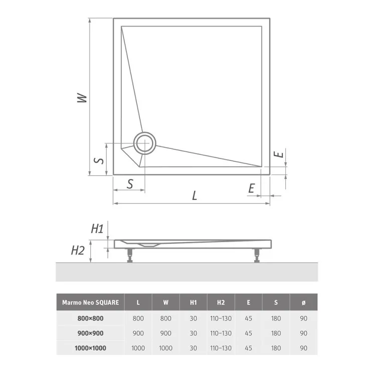Roth MARMO NEO SQUARE-S 800x800 mm lietā marmora dušas paliktnis
