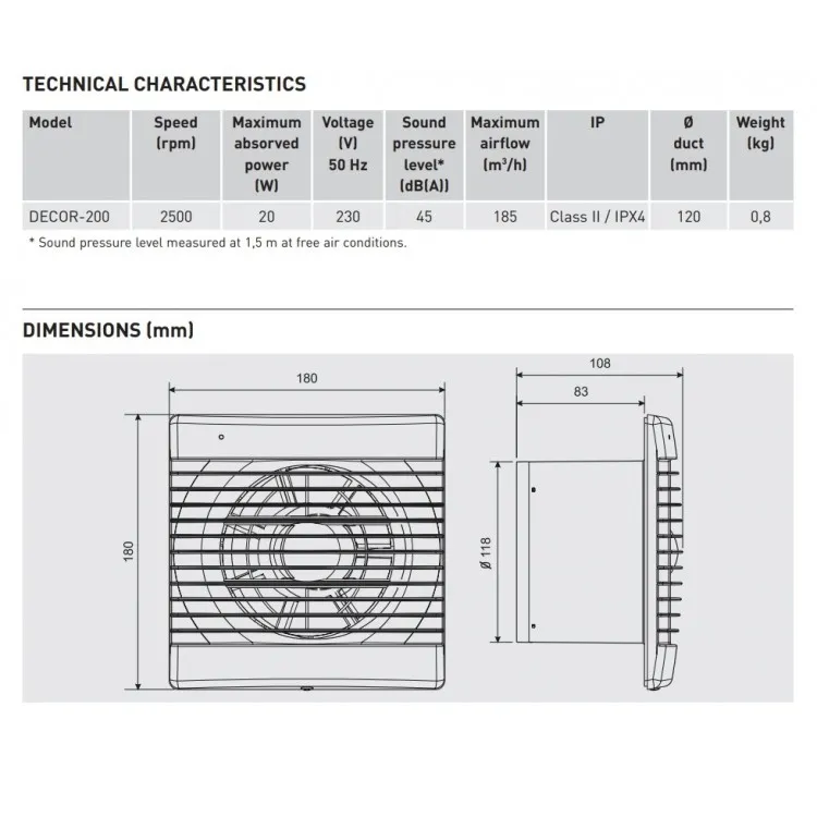 Sadzīves ventilators S&P DECOR 200C, pretvārsts