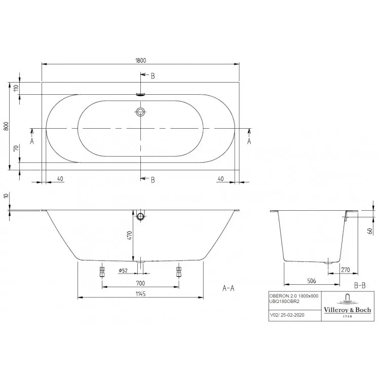 Brīvi stāvoša vanna Villeroy & Boch Oberon 2.0 Duo WALL 1800x800mm, ar sifonu