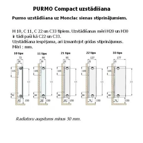 Tērauda paneļu apkures radiators PURMO Compact 33 550x2000
