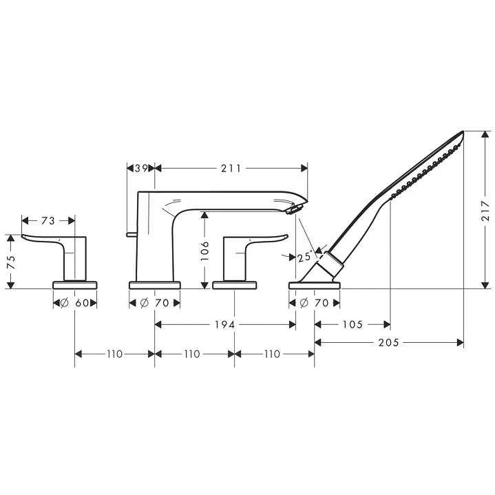 Vannas maisītājs uz vannas malas Hansgrohe Metris 4-daļīgs, 31442000