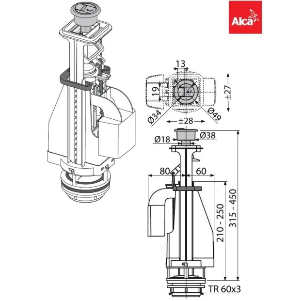 Tualetes poda noplūdes mehānisms Alcaplast A08A 3/6L