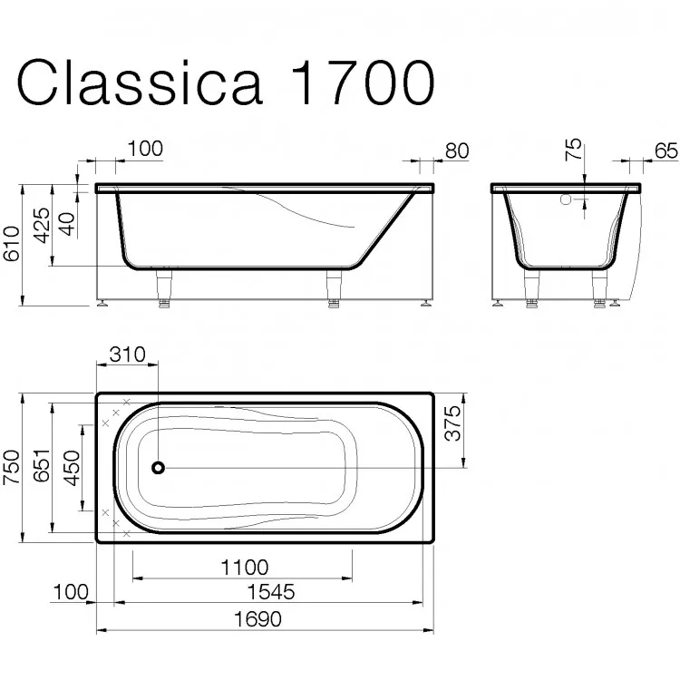 Taisnstūra vanna Vispool ar priekšējo paneli CLASSICA 170x75