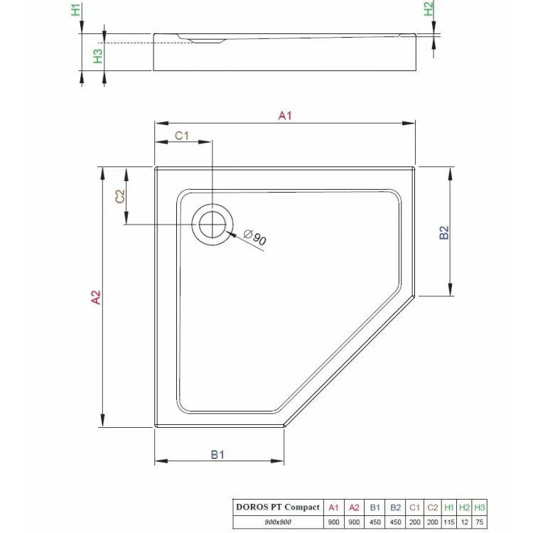 Dušas paliktnis piecstūru Radaway Doros PT Compact 90x90, balts
