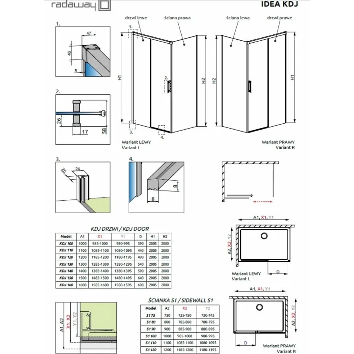 Dušas stūris taisnstūra Radaway Idea KDJ 100x90cm, 100L/90R