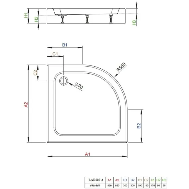 Dušas paliktnis pusapaļš Radaway Laros Compact A 85x85 ,balts