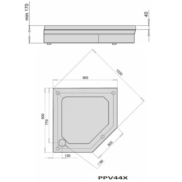 Dušas paliktnis piecstūru PAA PPV 44X 90x90cm, balts