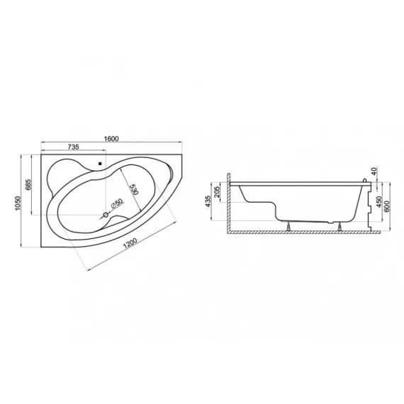 Stūra vanna Polimat MEGA 160x105 cm, 00230/229