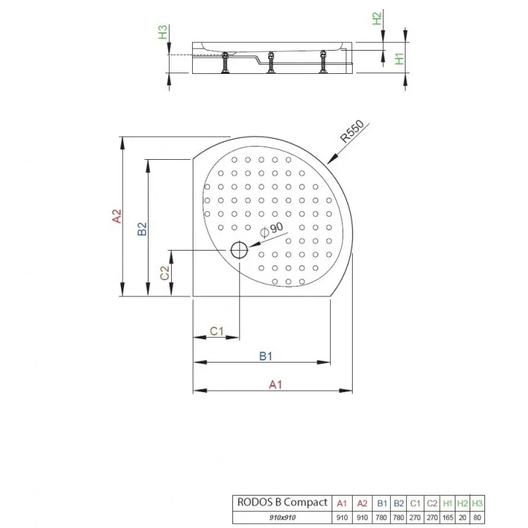 Dušas paliktnis pusapaļš Radaway Rodos B Compact 90x90 ,balts