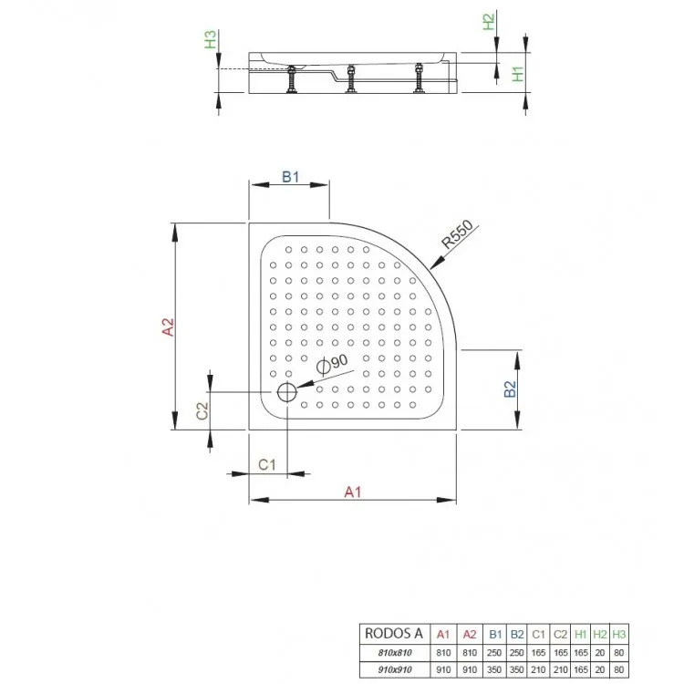 Dušas paliktnis pusapaļš Radaway Rodos A Compact 80x80 ,balts