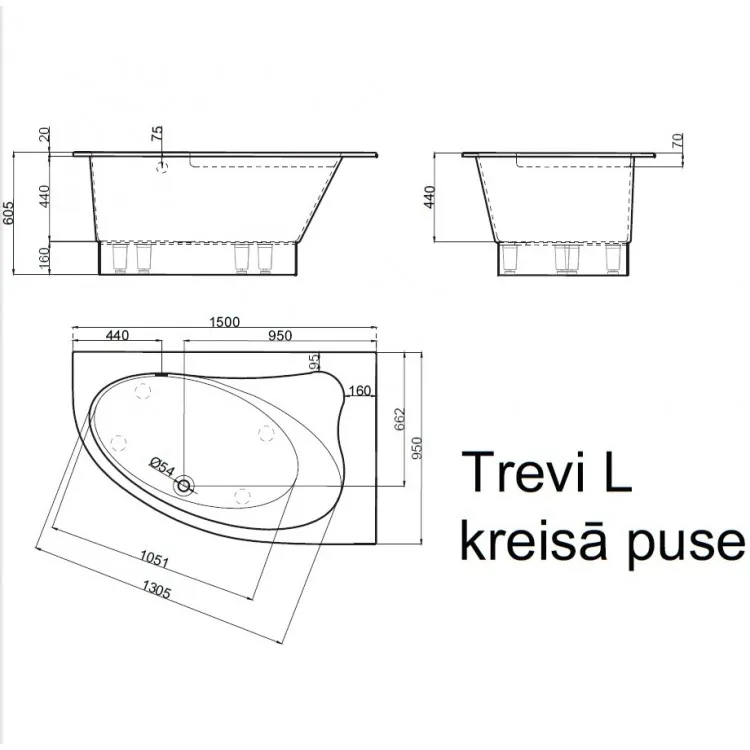 Stūra vanna Vispool TREVI L 150x95 L/K
