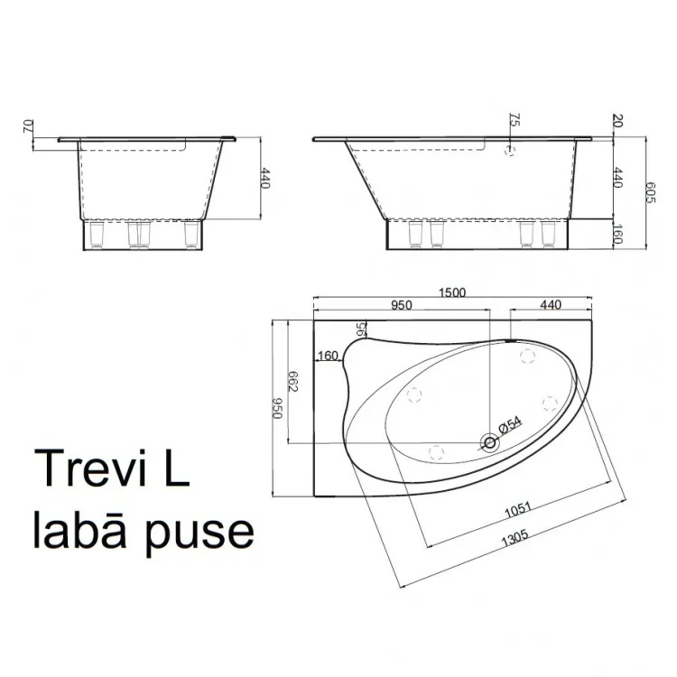 Stūra vanna Vispool TREVI L 150x95 L/K