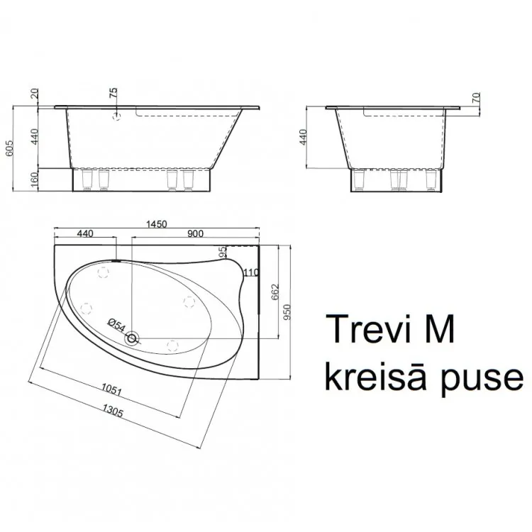 Stūra vanna Vispool TREVI M 145x95 L/K